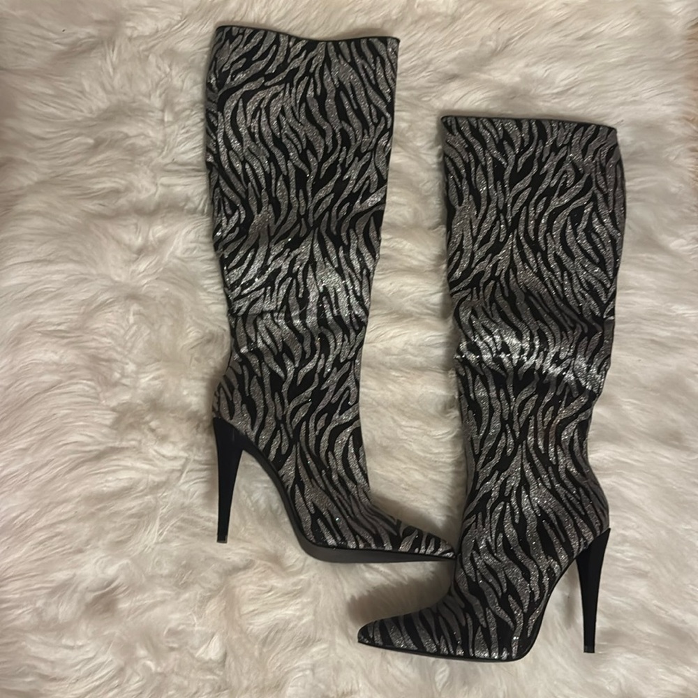 Shoe Dazzle Zebra Print Stiletto Boots - Black and Silver